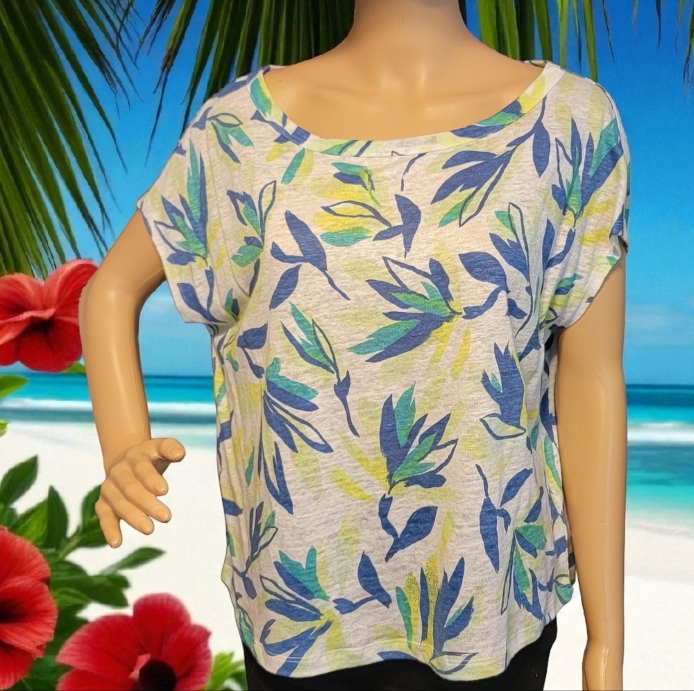 Cynthia Rowley size M cropped blue green 100% linen top Tropical Cruise T12